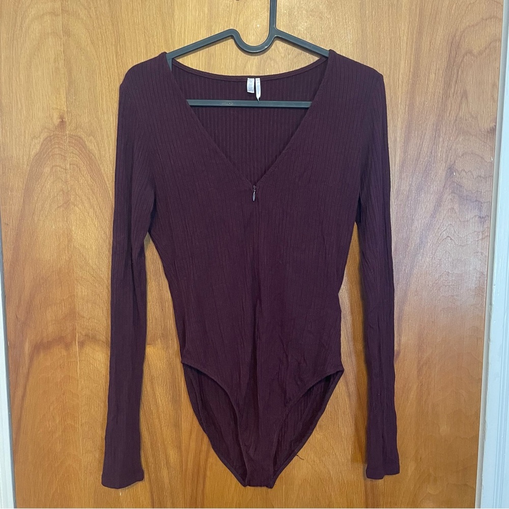 Urban Outfitters Out From Under Ribbed Burgundy Deep V Bodysuit with Front Zip
